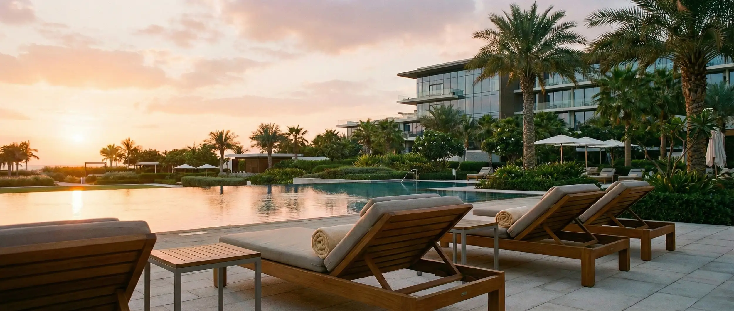 vista de un atardecer en la zona de piscina de un hotel de lujo, con hamacas de madera, sombrillas y arboles