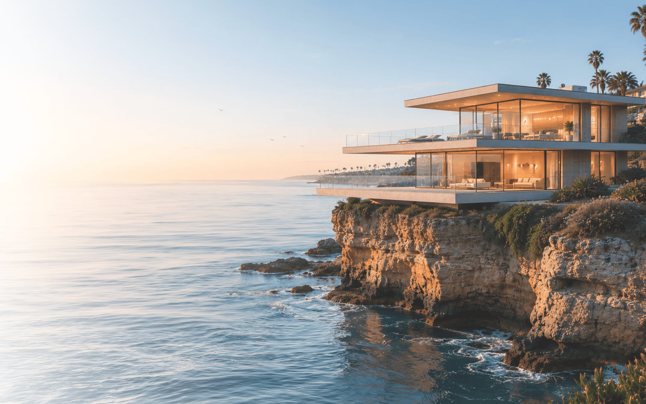 Modern glass house perched on a cliff edge, illuminated warmly against a serene, blue dusk backdrop. Overlooks a calm ocean, conveying tranquility.