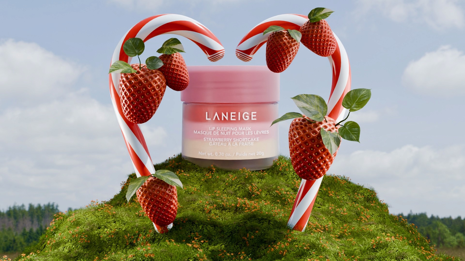 3D render of Laneige strawberry shortcake lip sleeping mask on a grassy hill