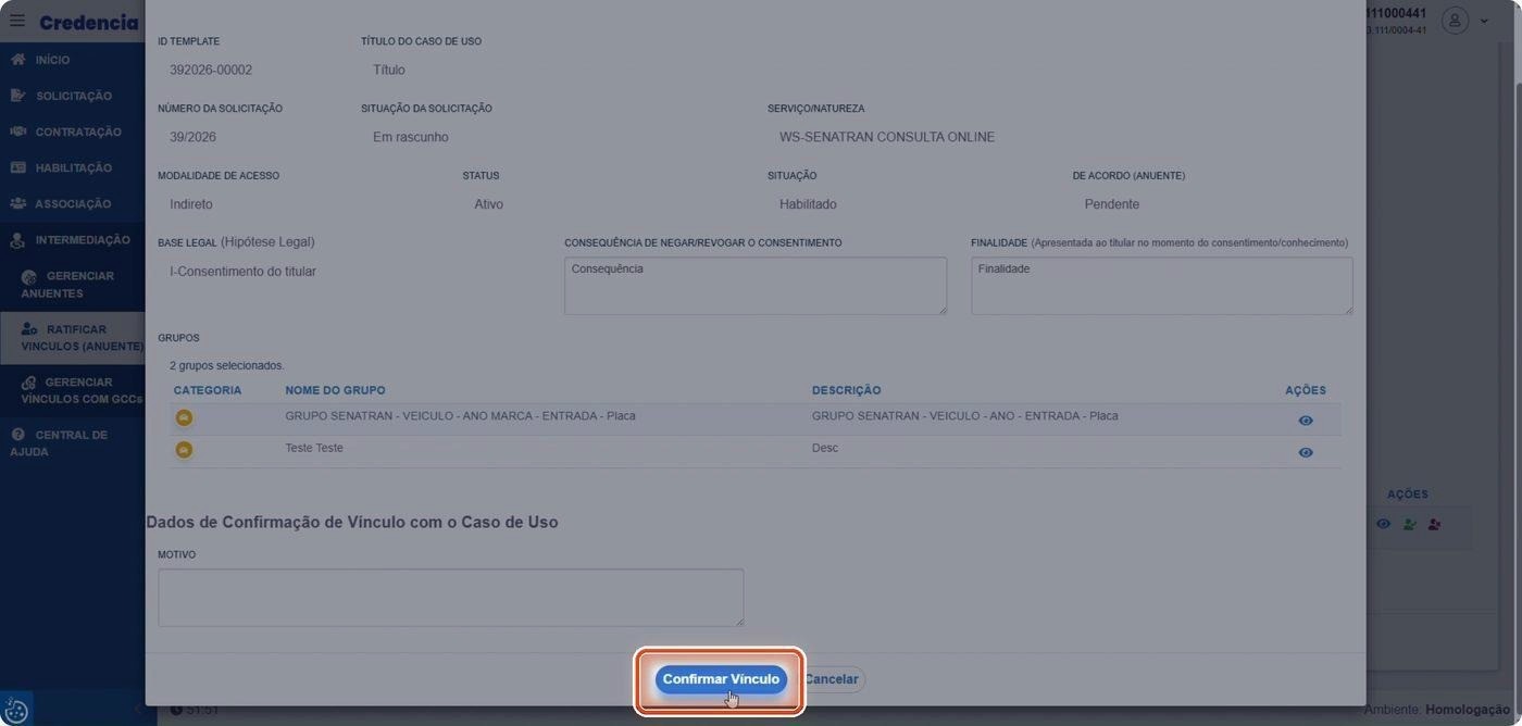 Captura de tela de referência do Credencia para Passo 4 — Confirmar o vínculo. Contexto: 28 — Confirmação do Anuente.