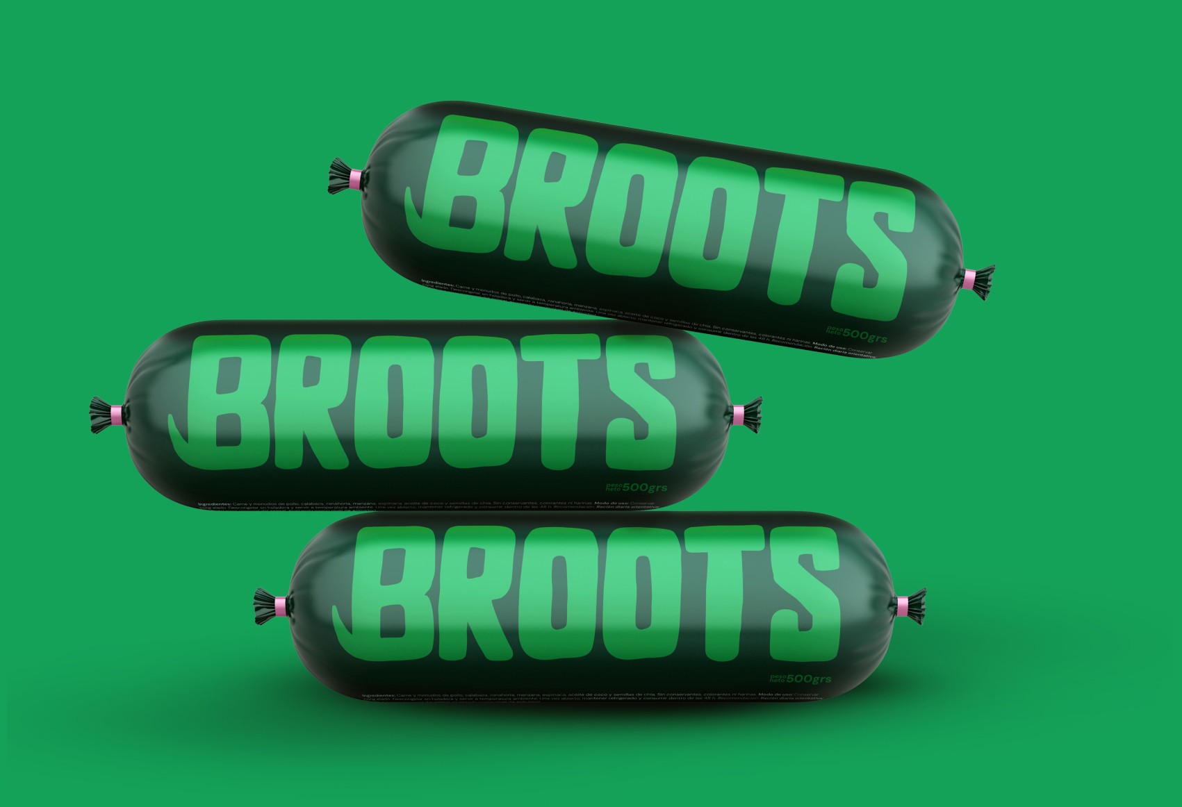 Tres envases cilíndricos verdes de Broots apilados sobre fondo verde, con logotipo grande en degradado.