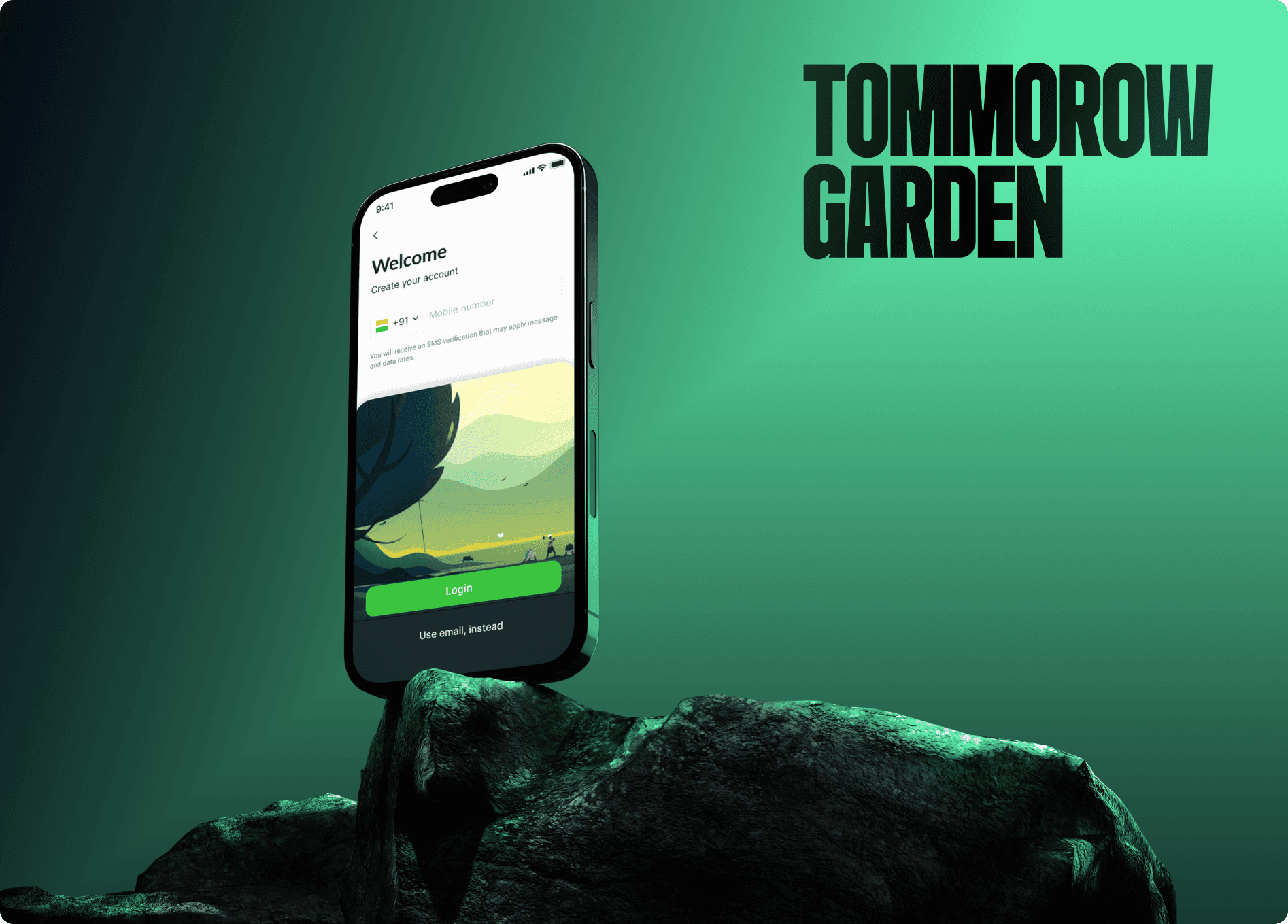 A mockup of an iPhone placed on a rock