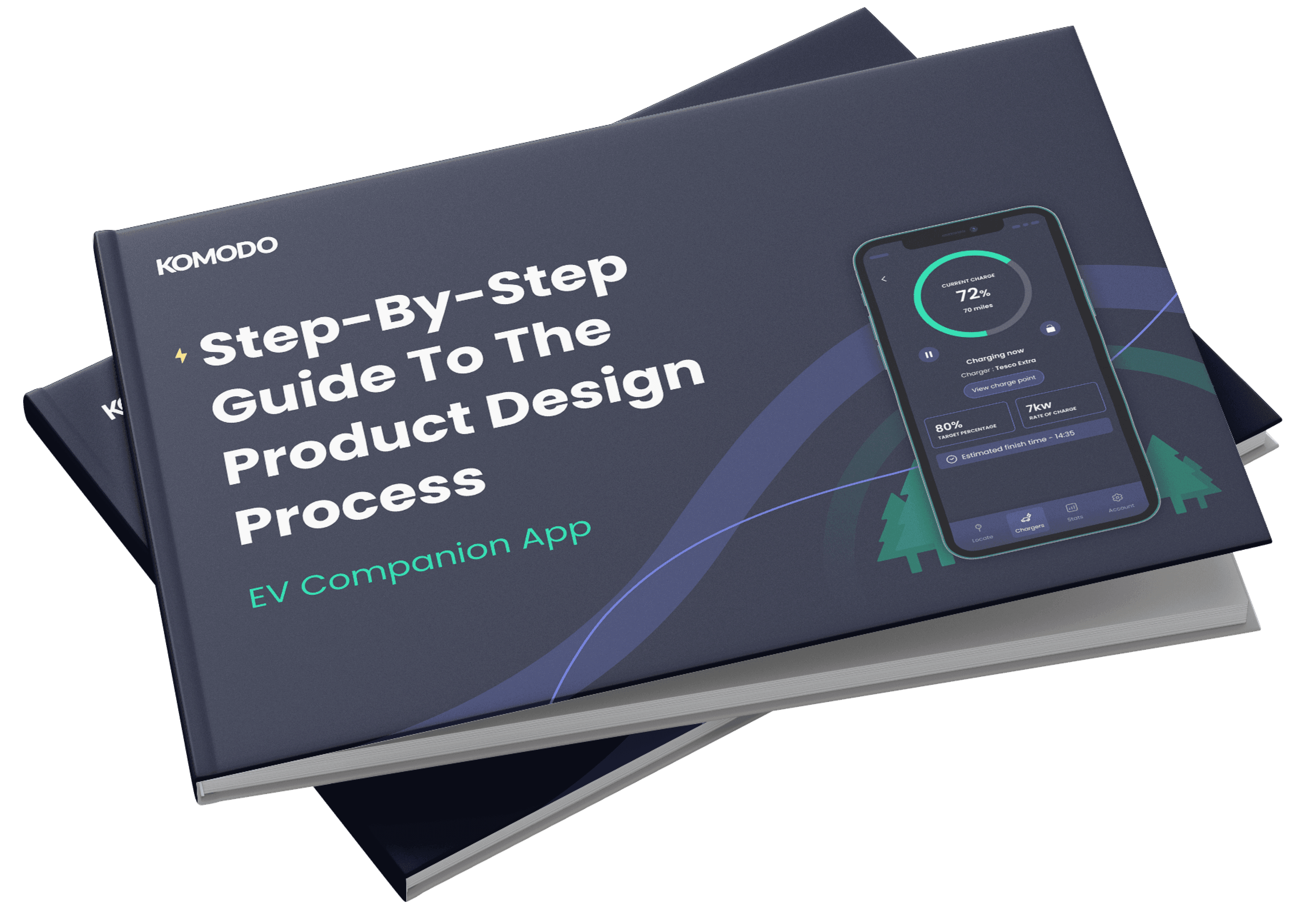 a mockup image showing a workbook on a Step-By-Step Guide To The Product Design Process: EV Companion App