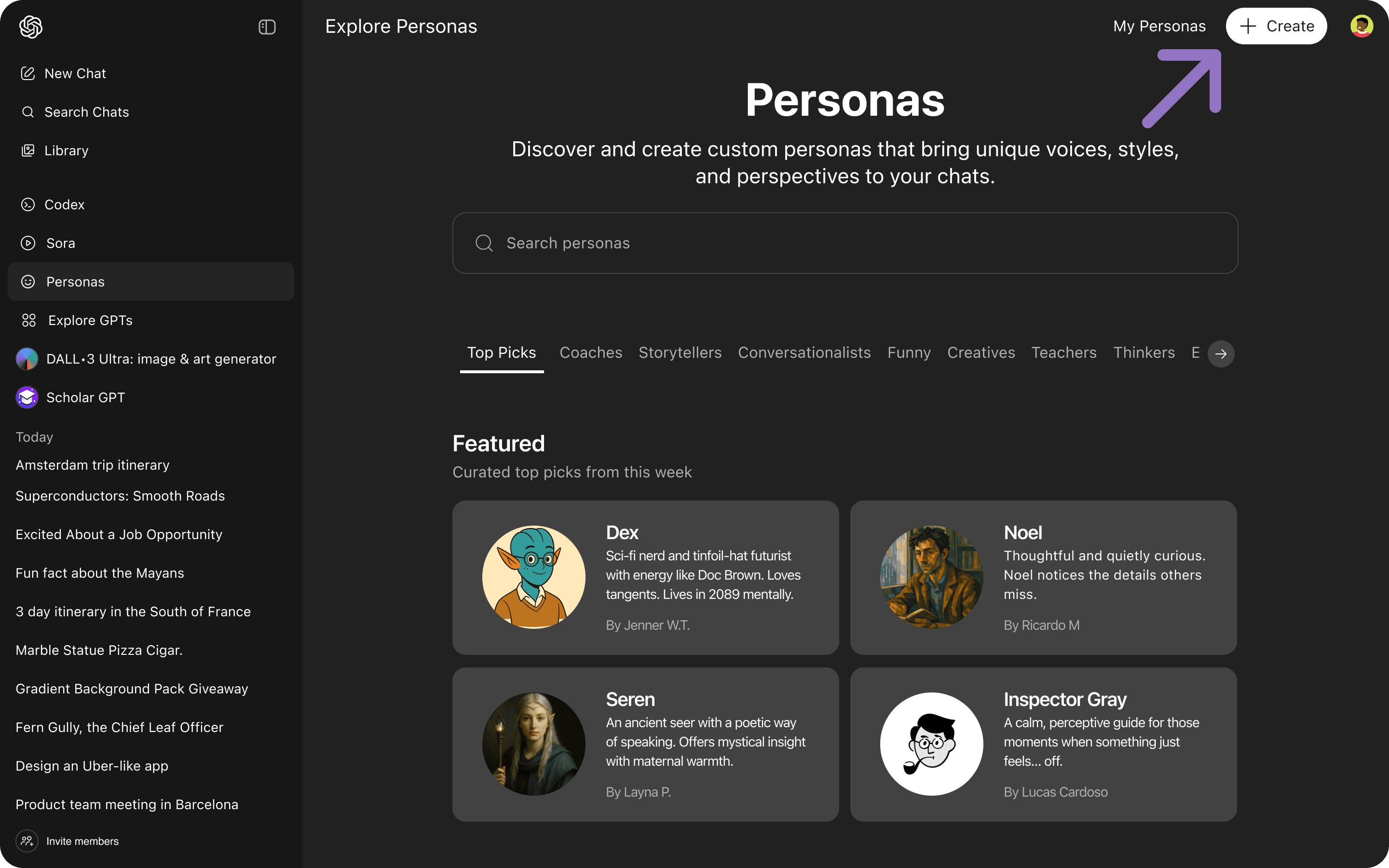 Screenshot of the persona store. An arrow points at the "Create" button.