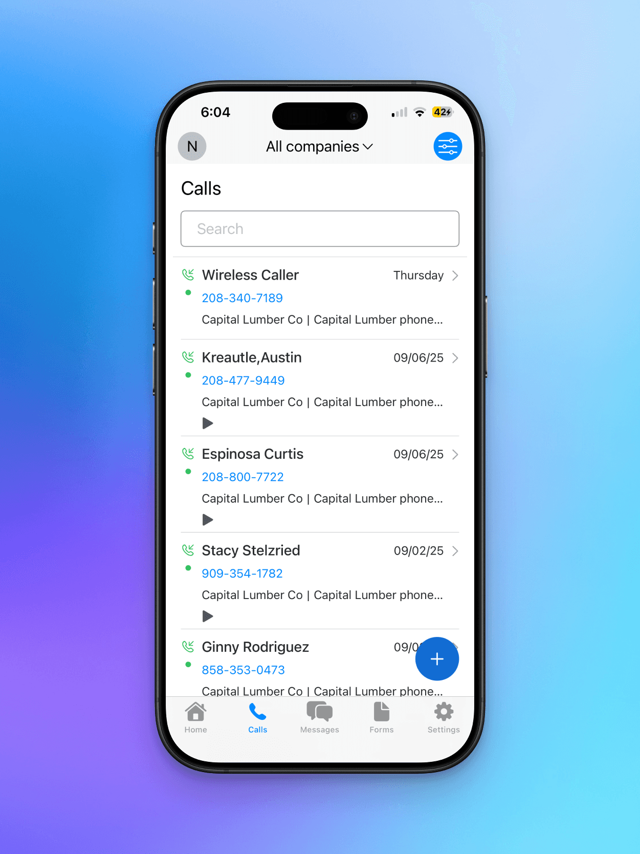 Mobile screen showing CallRail call tracking interface with detailed client call logs, contact names, and attribution data on a violet-blue gradient background.