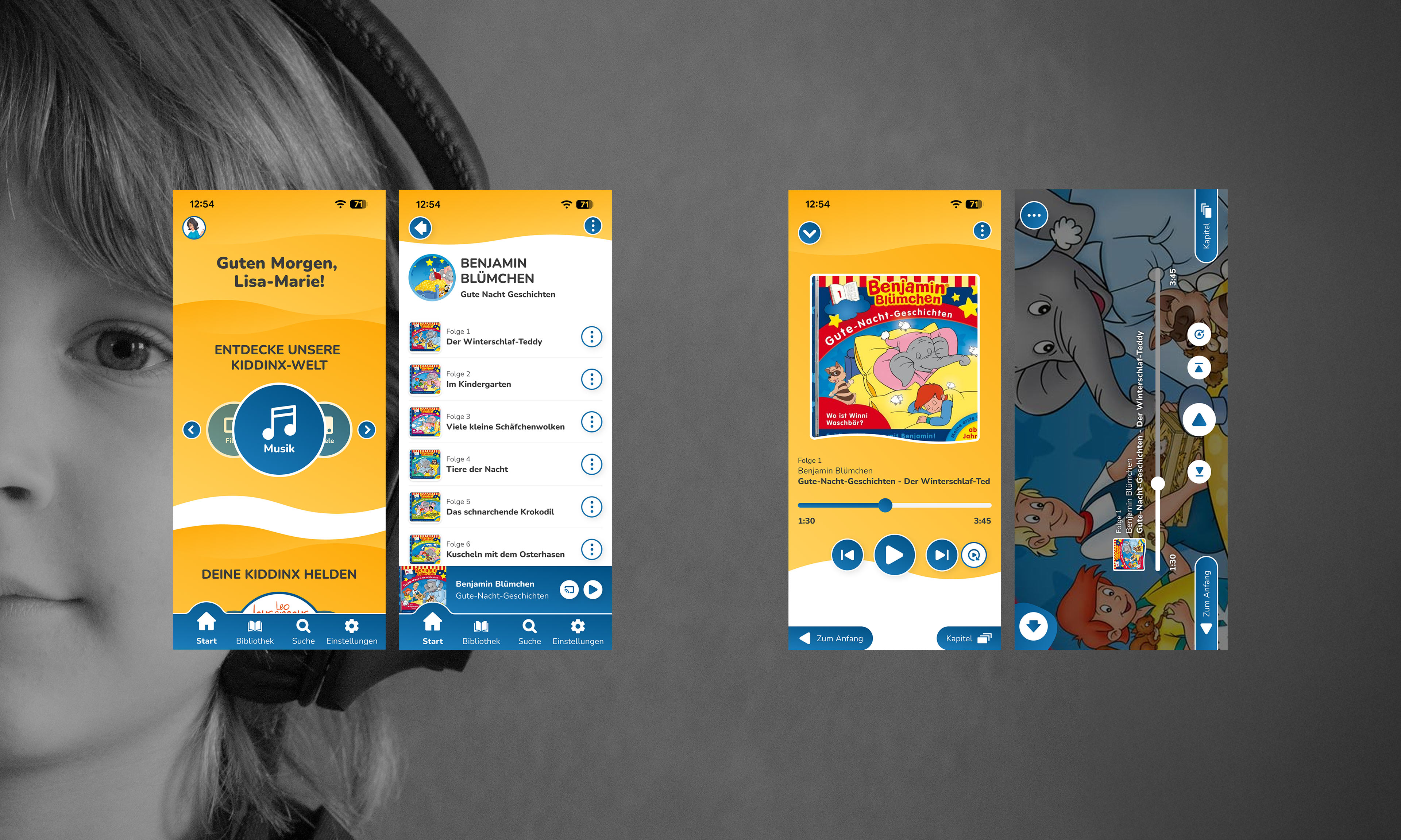 Mehrere Smartphone-Screens mit der Benutzeroberfläche der Kiddinx-App.