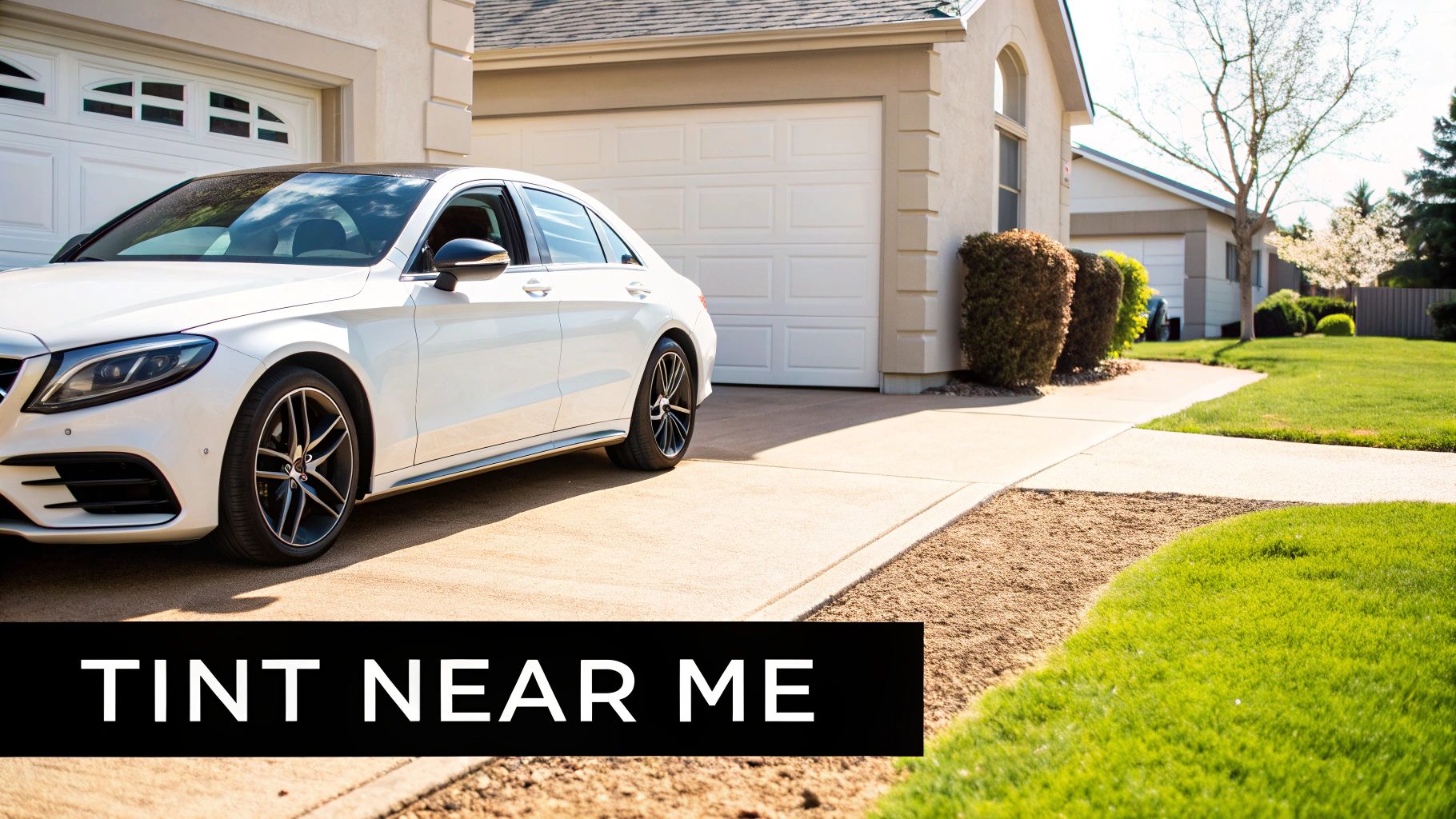 A sleek white luxury car, likely a Mercedes-Benz, parked on a residential driveway in front of a house.