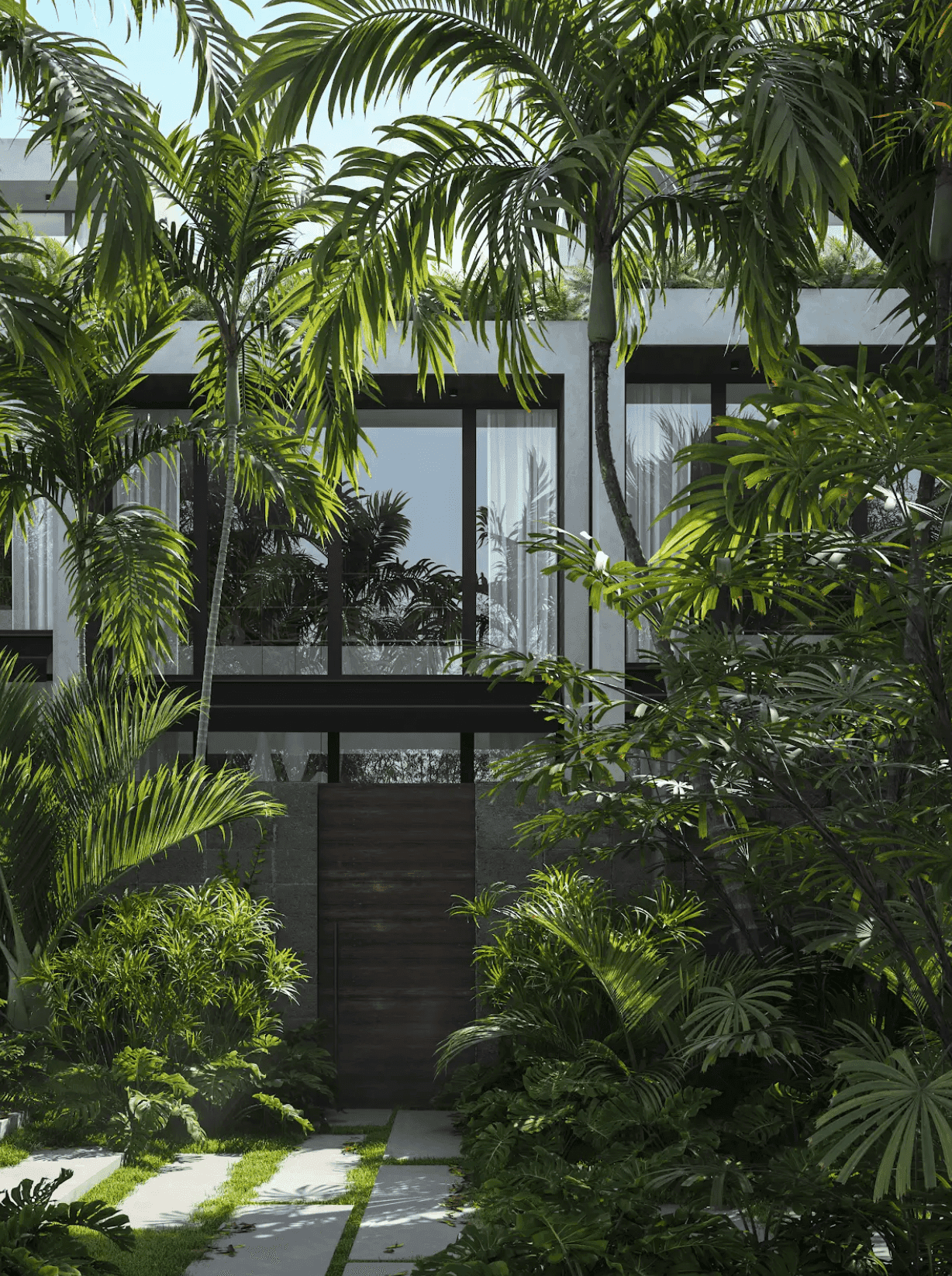 A tropical branded eco-residence surrounded by lush greenery, highlighting sustainable living.