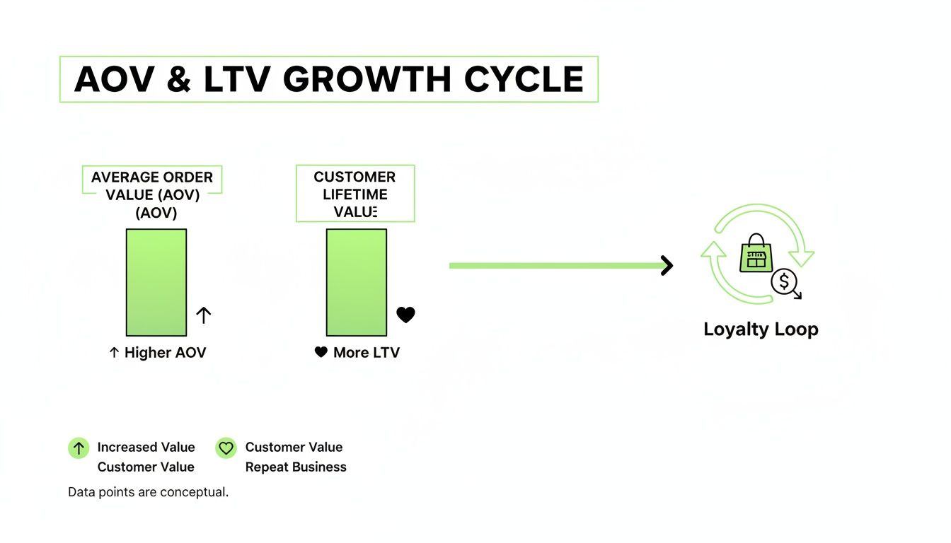 Diagram illustrating the AOV and LTV growth cycle, showing how higher AOV and more LTV lead to a loyalty loop.