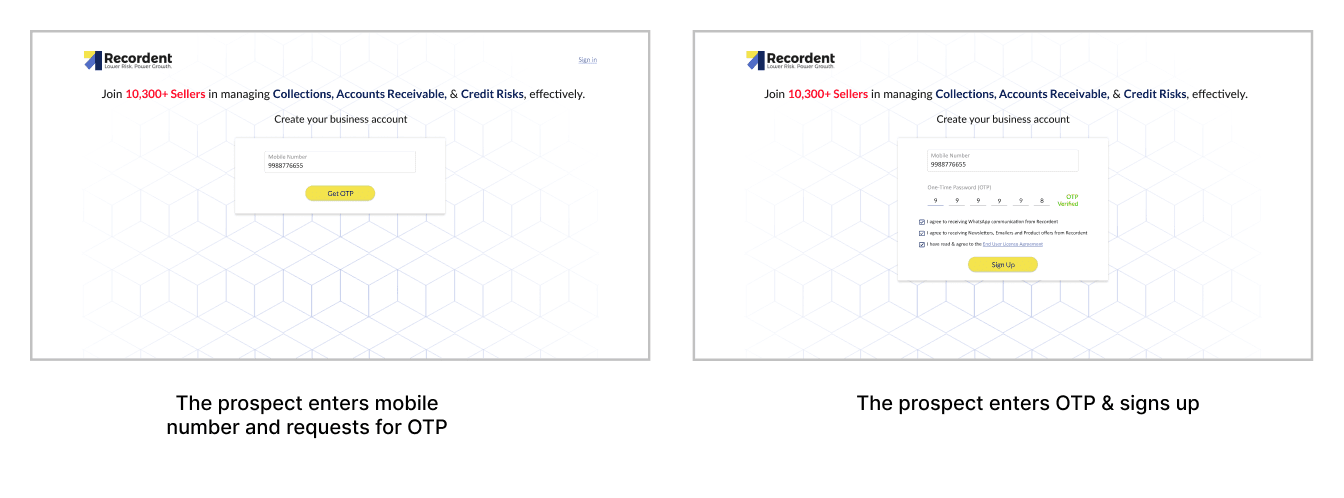 Get OTP & Sign up screen