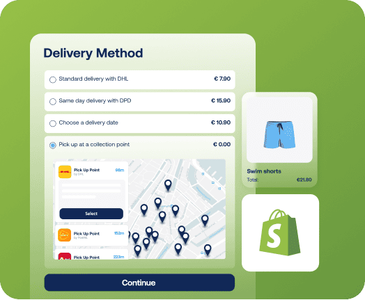 sendcloud checkout for shopify platform mockup with different delivery options to chose from