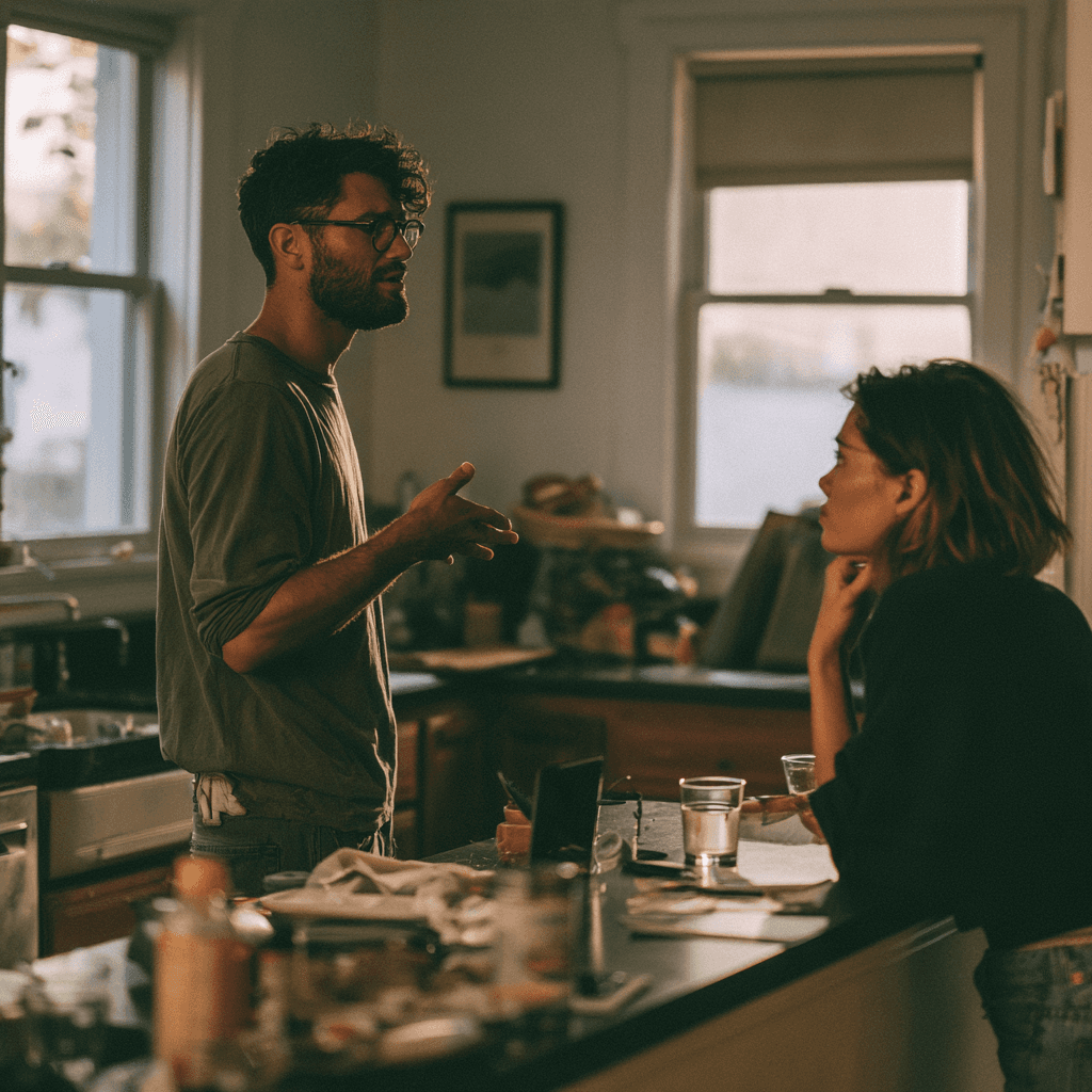 A man making a clipped remark to his partner in a kitchen while she listens