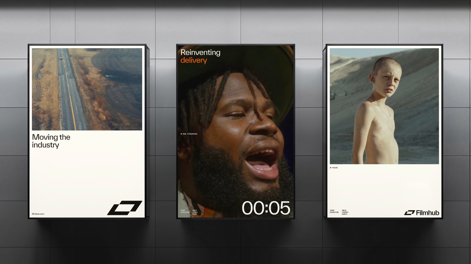 A picture of three posters showing different scenes from filmhub movies mixed with text elements and the filmhub logo