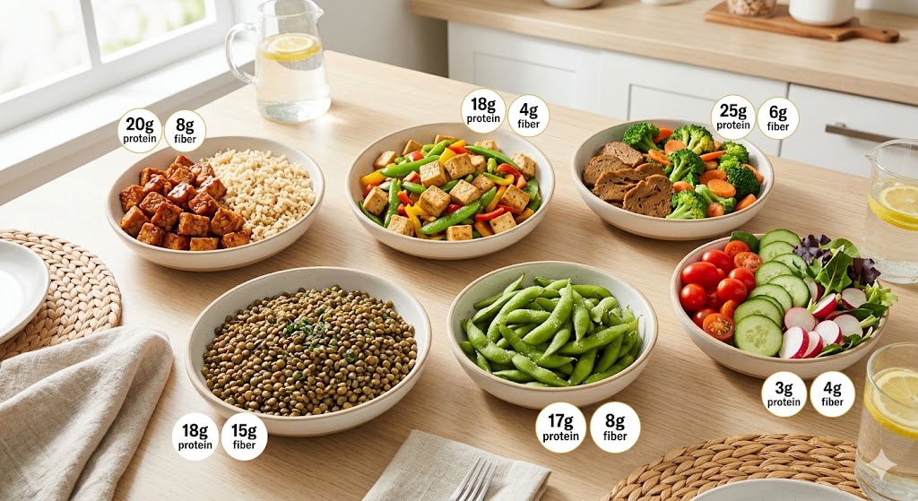 An overhead view of six high-protein vegetarian meal prep bowls arranged on a light wooden kitchen table. The bowls contain various plant-based protein sources, including cubed tempeh with brown rice, tofu stir-fry with mixed vegetables, seitan with broccoli and carrots, a large bowl of green lentils, steamed edamame pods, and a fresh salad. Each bowl features a clean, simple graphic overlay specifying the amount of protein and fiber in grams (e.g., 20g Protein, 8g Fiber) per portion, emphasizing healthy eating and comprehensive plant-based nutrition. Natural light streams from a nearby window, illuminating the colorful food and rustic placemats.