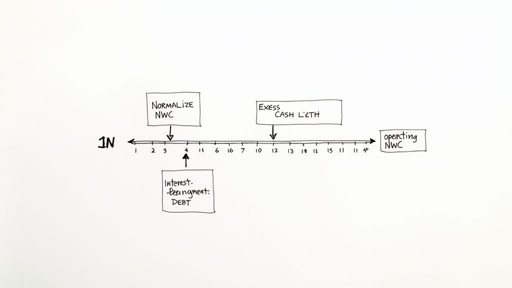 A hand-drawn diagram illustrating a financial timeline with key points like Normalize NWC, Interest-bearing Debt, Excess Cash, and Operating NWC.