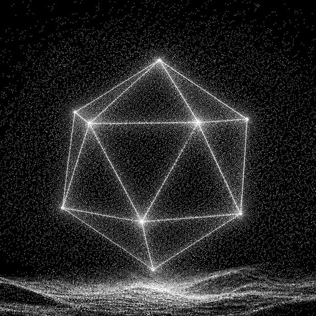a 3d shape floating over uncertain landscape, the one ahead clearing the path, the one behind trusting the hold, white stippling on pure black, fine particle simulation, luminous pointillist rendering, monochrome scientific visualization, no color