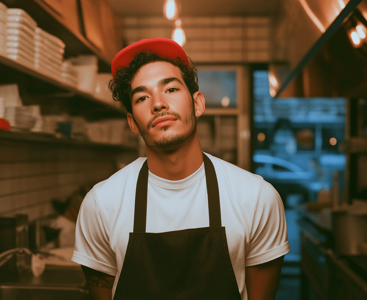 A young man with dark, curly hair and a subtle mustache, wearing a white t-shirt, a dark apron, and a bright red baseball cap, looks directly at the camera while standing in the doorway of a dimly lit restaurant kitchen