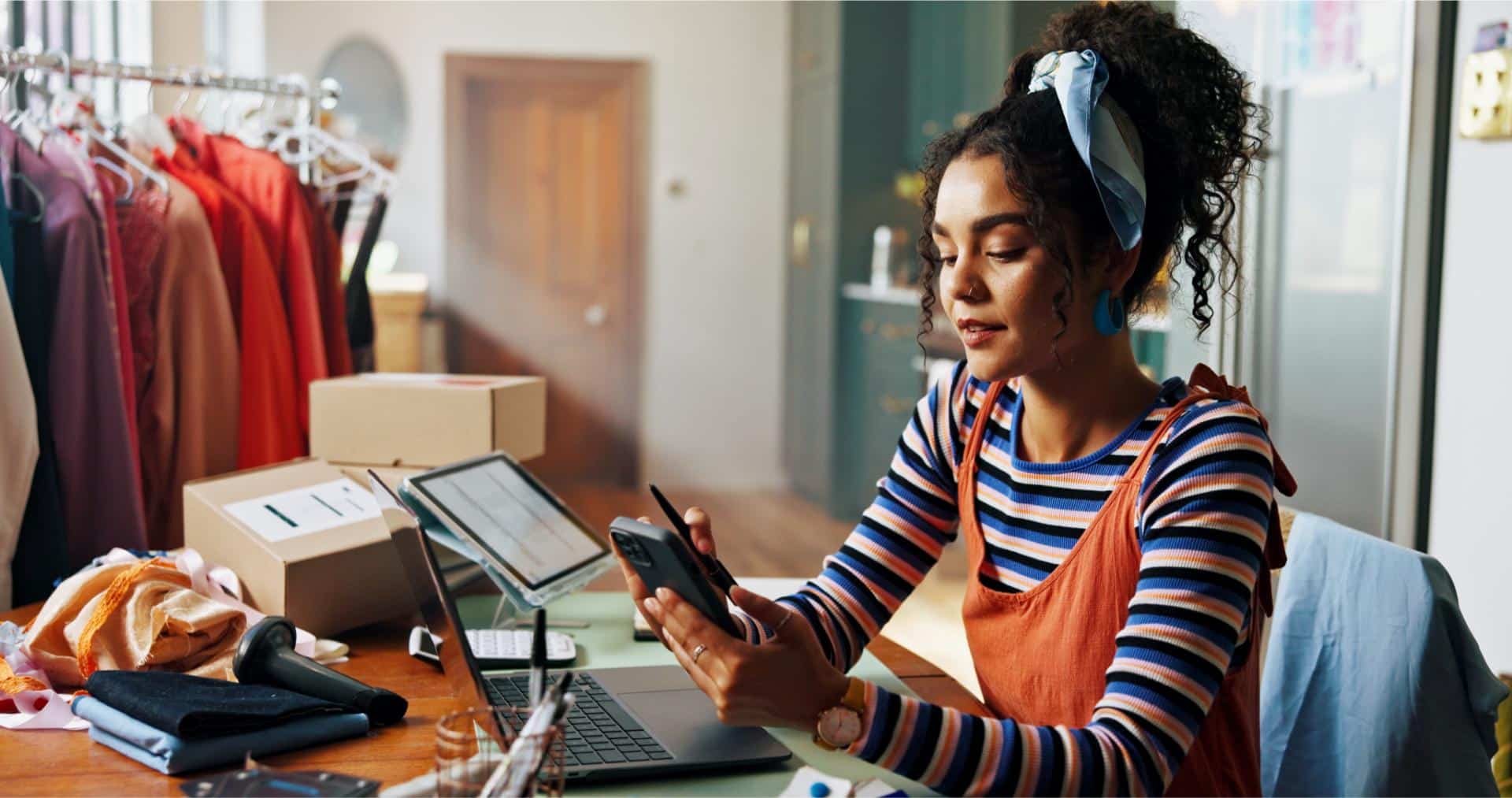 Woman phone and message for small business ecommerce and fashion boutique startup with online sales