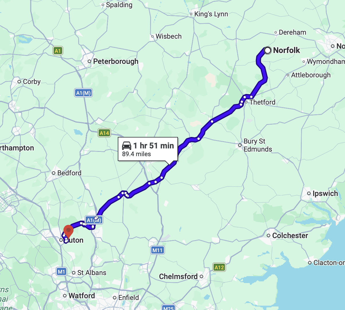 Norfolk to Luton transfer route