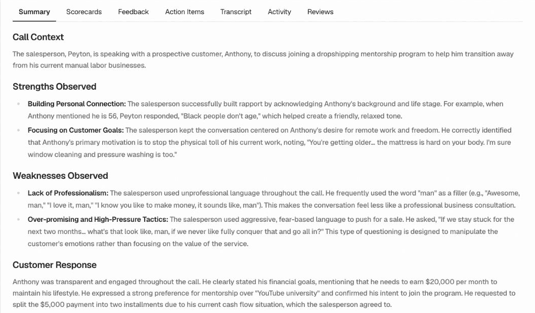 Kendo call analysis summary with call overview, strengths, weaknesses, customer response, and overall impression