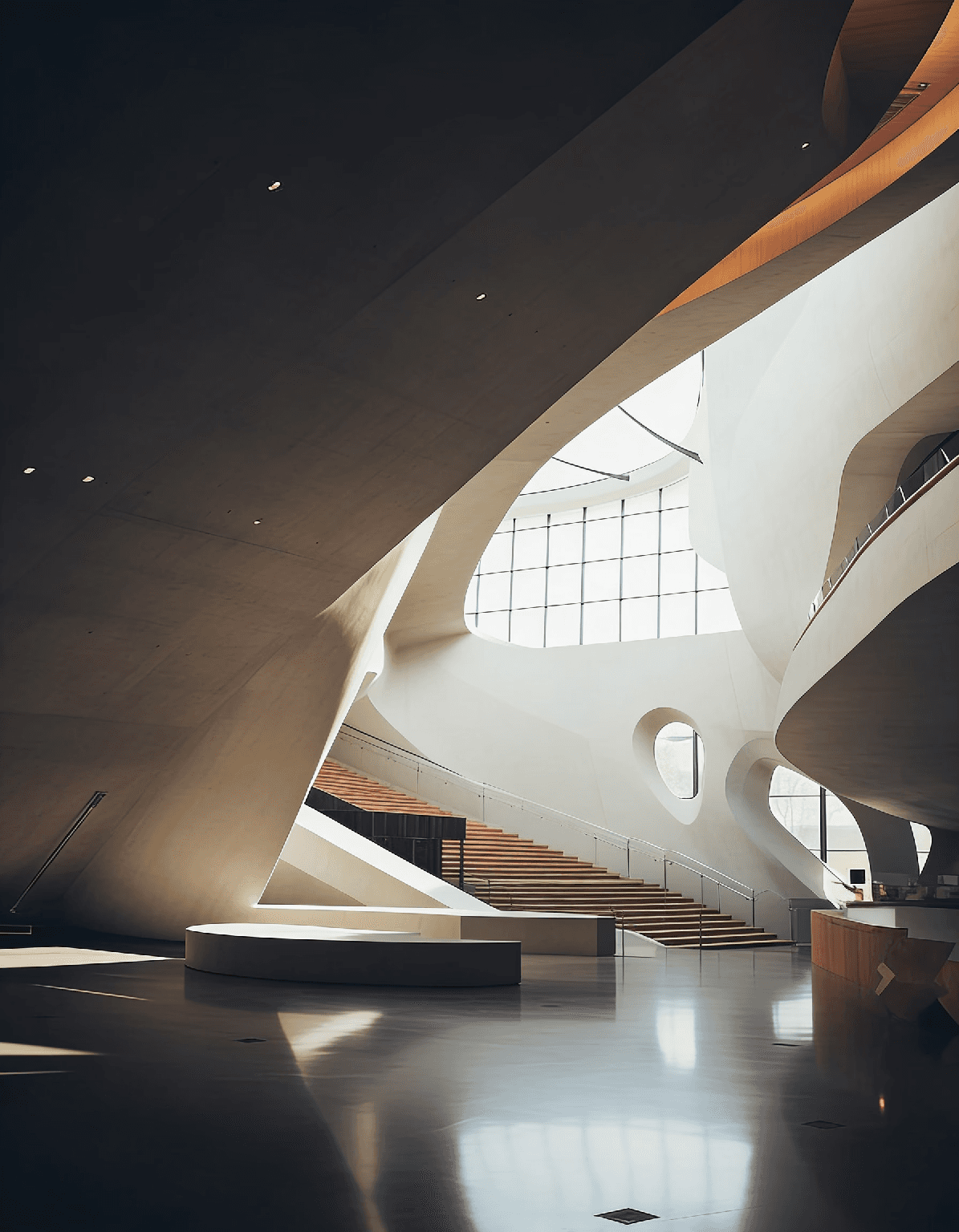 Double-height interior with flowing sculptural forms and warm raking light