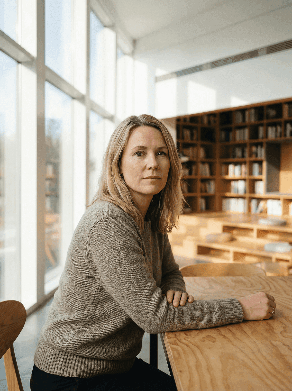 A woman with shoulder-length blonde hair sits at a wooden table in a sunlit library, surrounded by shelves of books, conveying a serene mood.