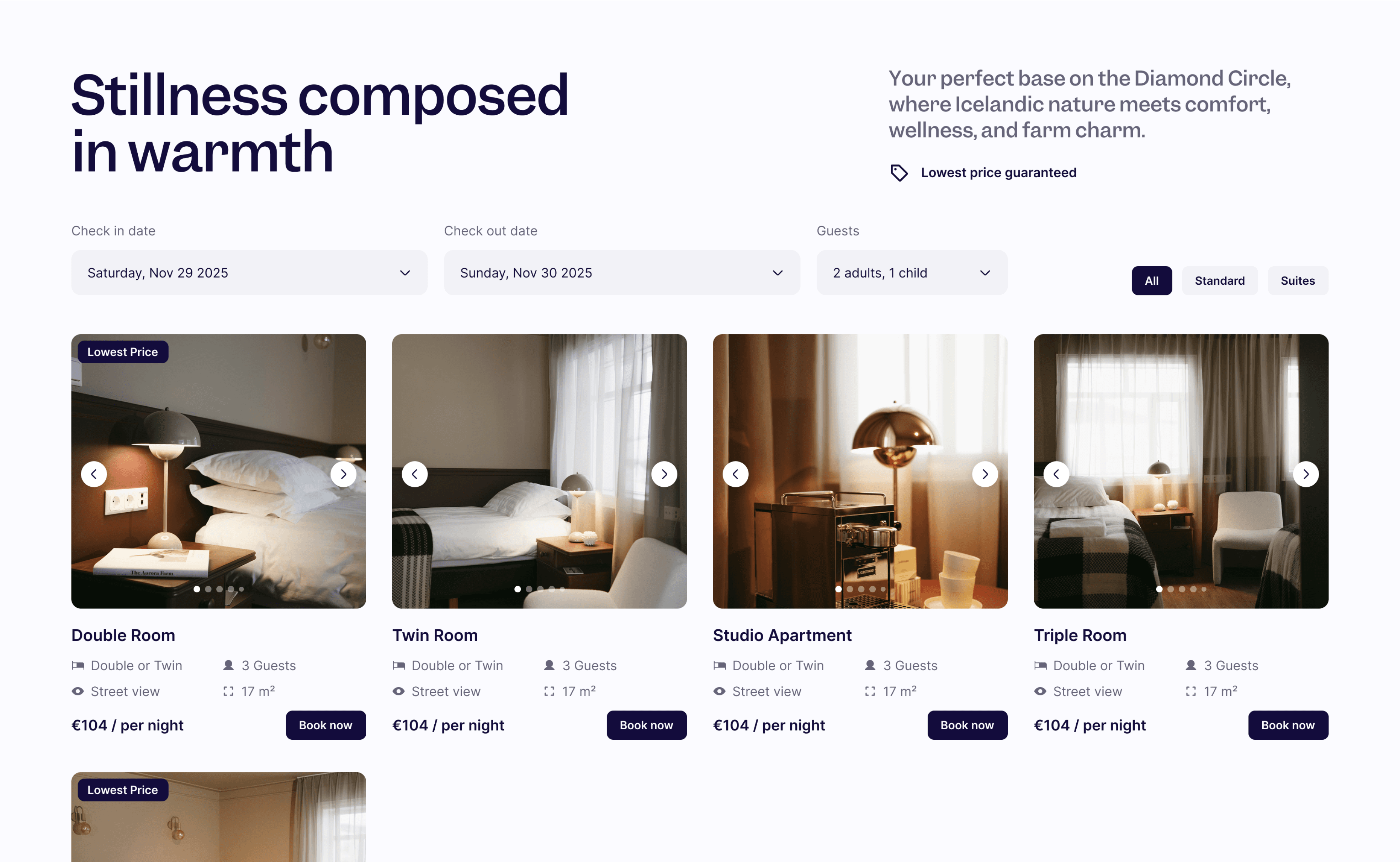 A booking engine website mockup with hotel rooms and booking details displayed.