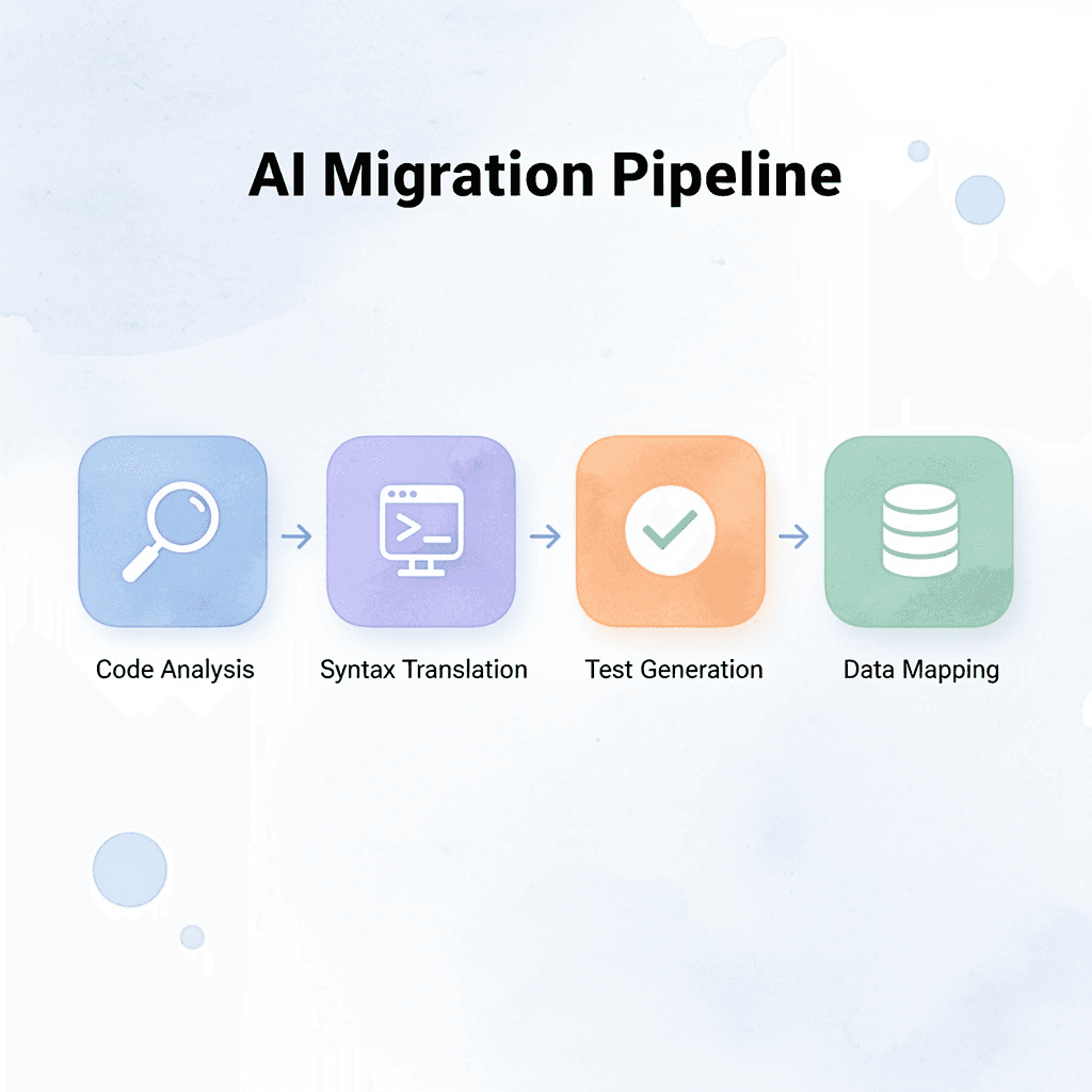 Process flow infographic showing the four AI-driven COBOL to Java migration stages