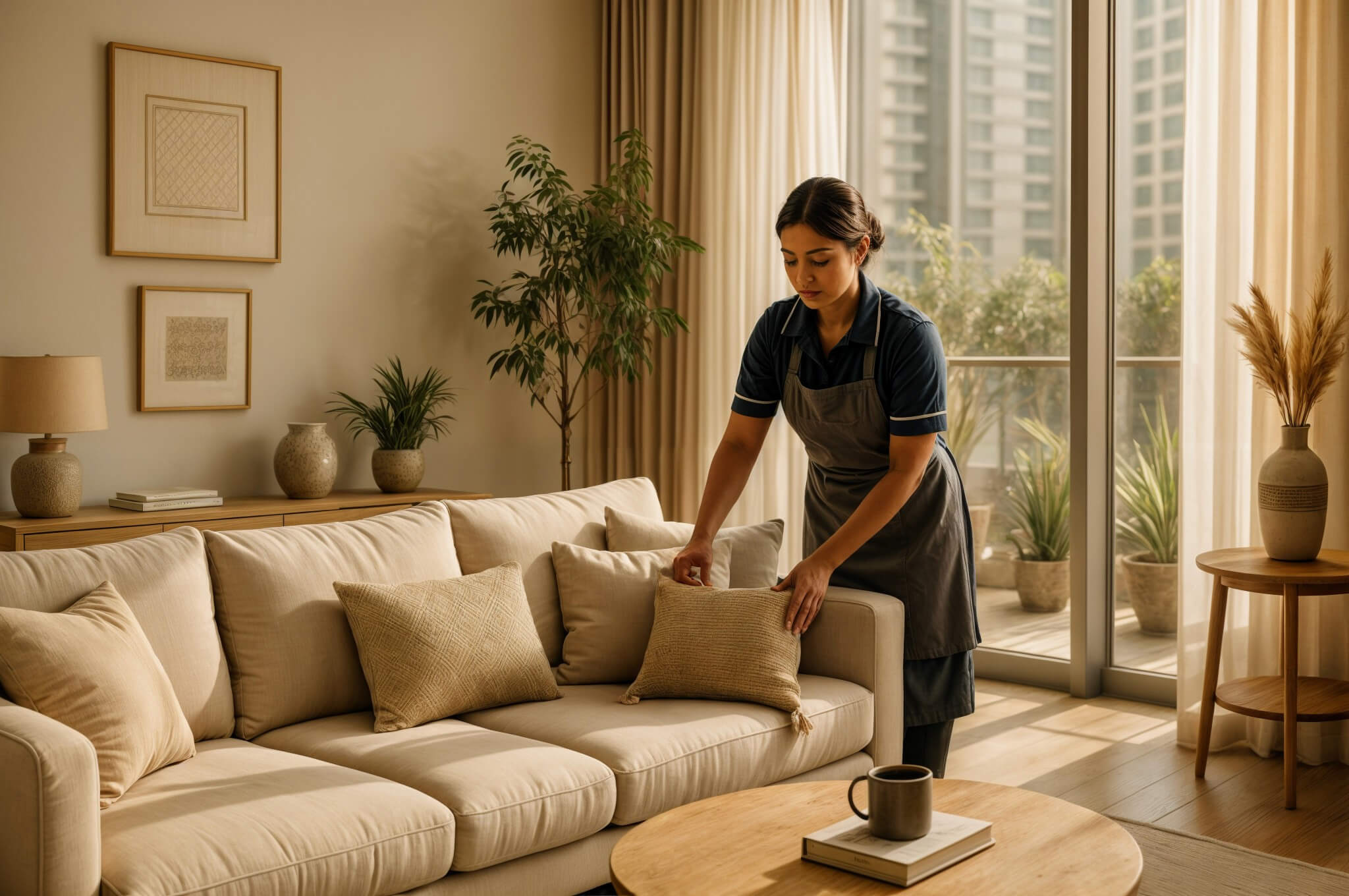 Housekeeper cleaning sofa