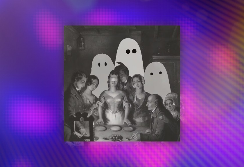 A futuristic, holographic-themed invite with neon blue and purple tones, pixel-like graphics, and techno-style design elements.