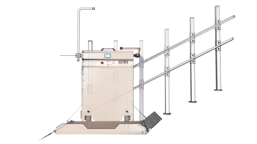 Technical illustration of an Elevate inclined platform stairlift — showing the motorised carriage unit, inclined rail system, platform with folding entry ramp, and wall-mounted support posts