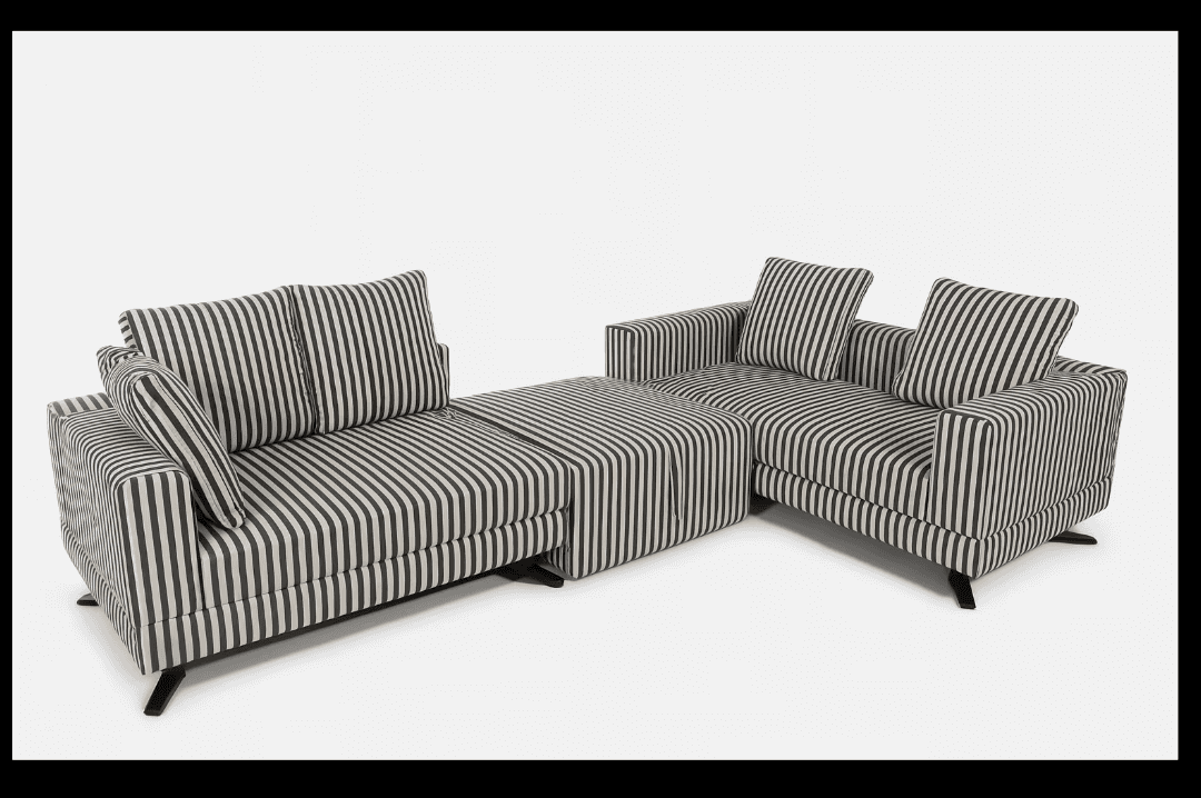 Black-and-white sectional with bold geometric lines.