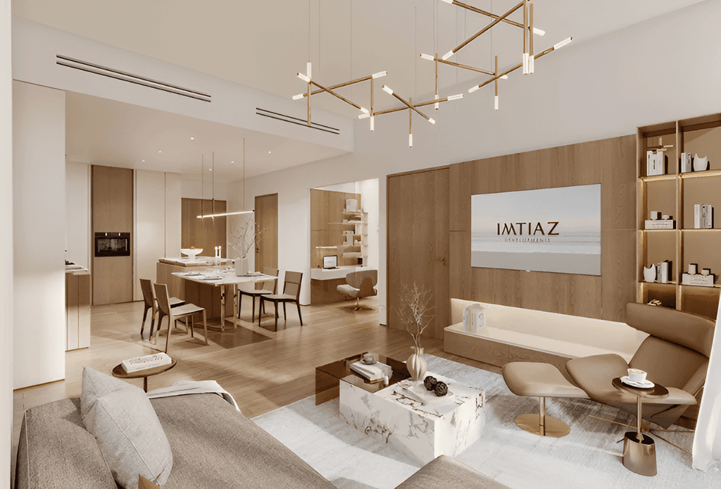 Modern living room furnished with stylish furniture at The Symphony by Imtiaz.