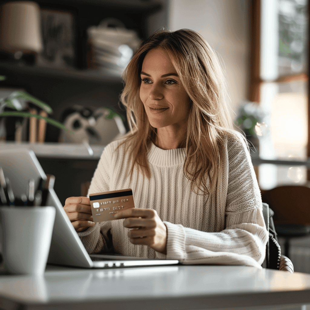 Customer about to use her credit card to make a purchase online
