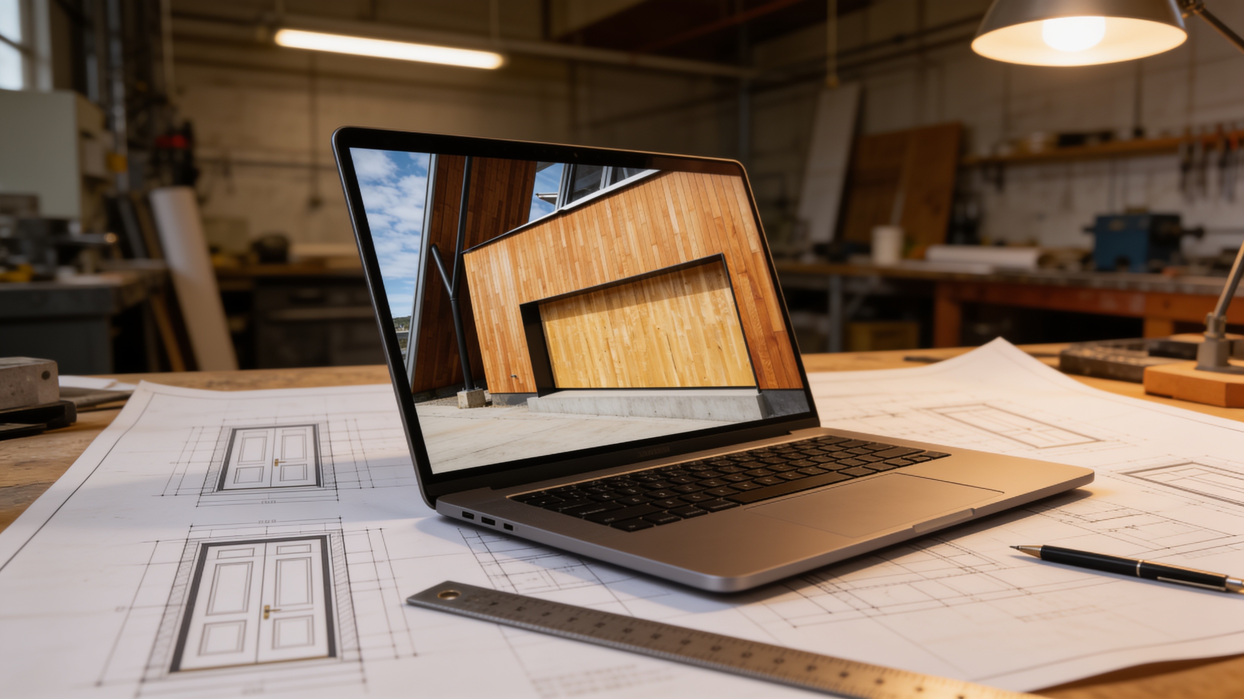 Laptop showing a hydraulic door design on a workshop desk with blueprints