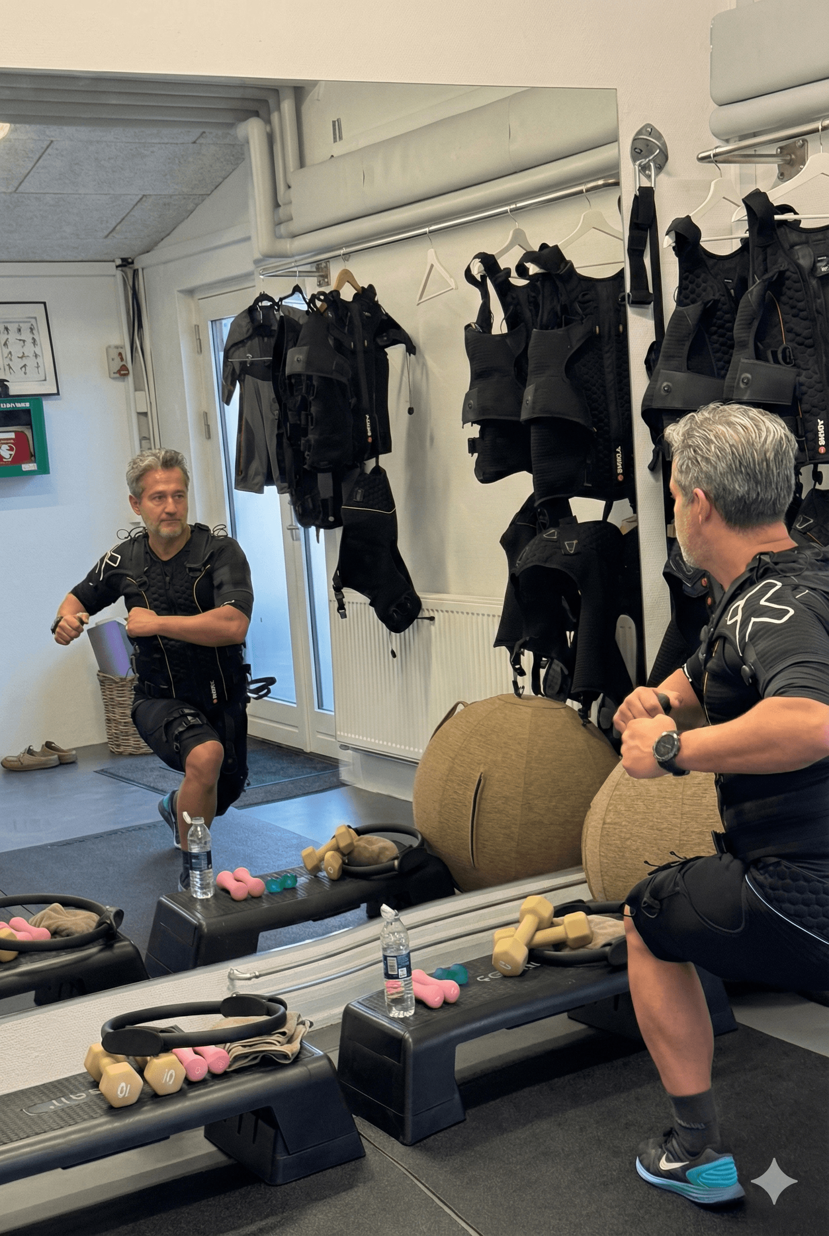 A man with defined abs holding onto a vertical pole in a gym, looking to the side. 