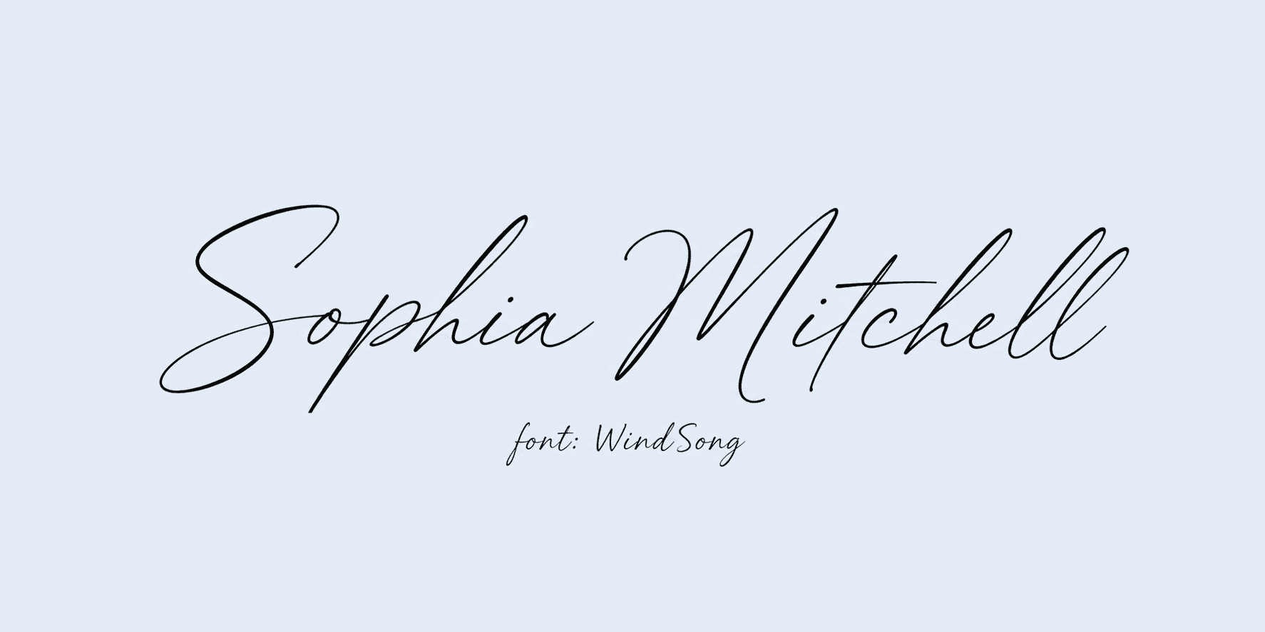 Sample name signed in a cursive signature font on a light background, with the font name labeled below.