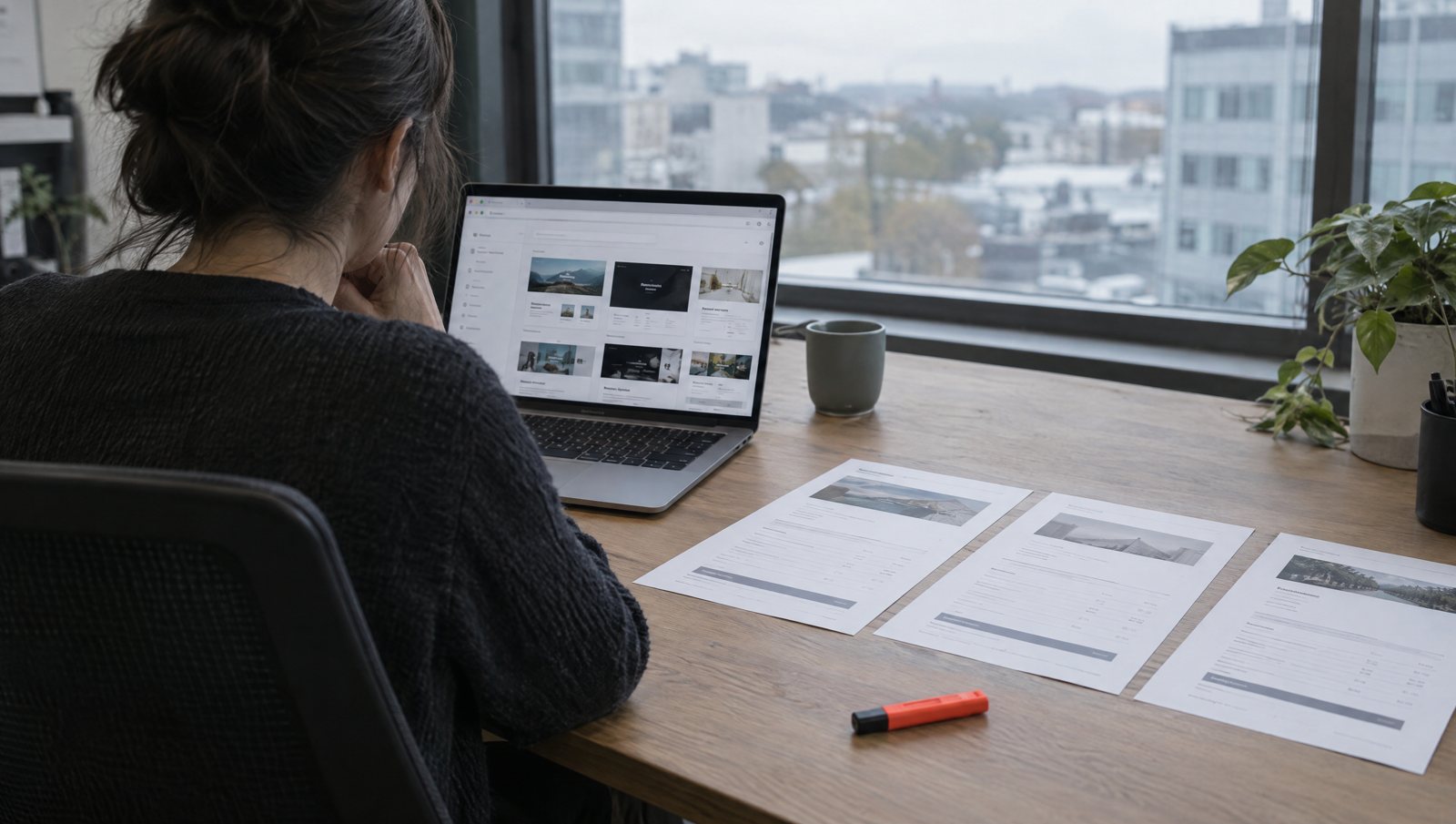 A marketing lead at an office desk comparing a website builder's template picker on a laptop with three printed vendor quotes, a red-orange highlighter on the desk