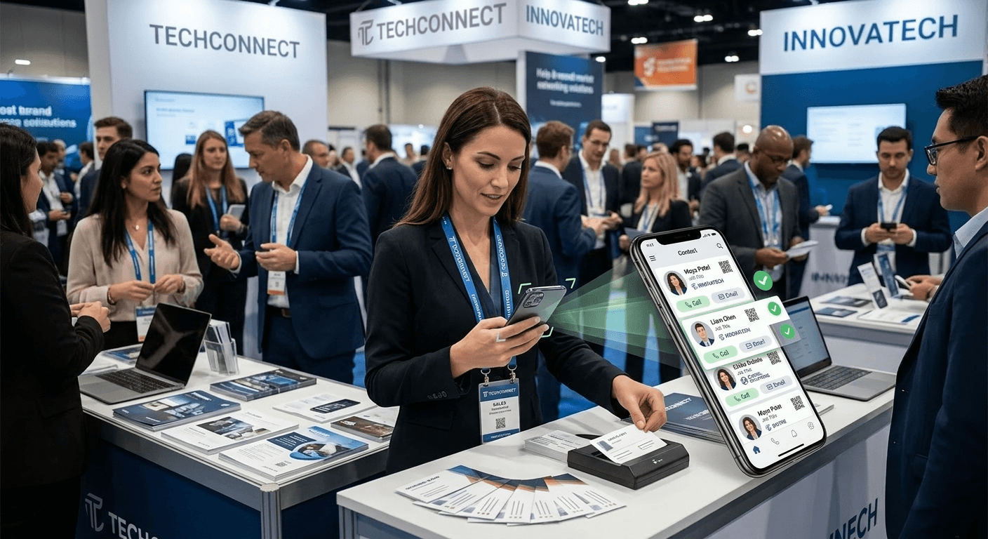 Batch scanning business cards at an event using a business card scanner app for fast lead capture