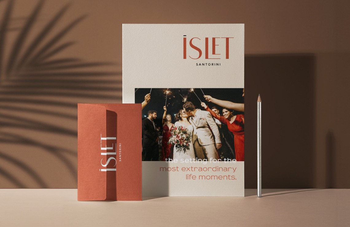 Application of the ISLET Santorini identity on printed promotional material, using a warm color palette and focusing on the hospitality experience