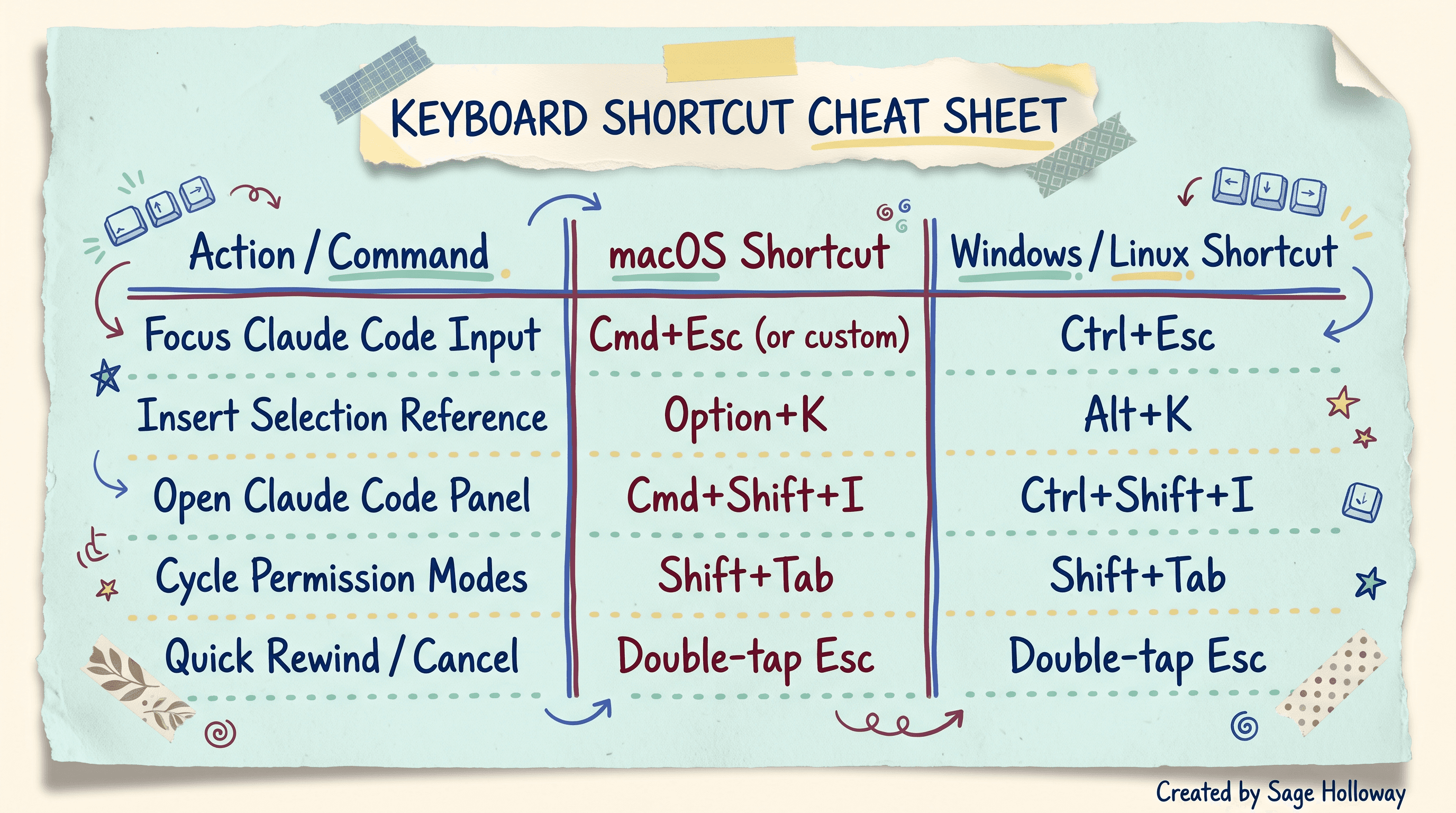 Keyboard shortcut reference table for Claude Code in VS Code across macOS and Windows Linux