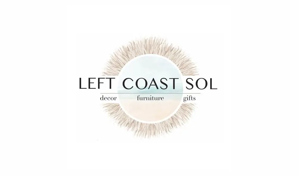 The logo for Left Coast Sol features a circular design with soft, natural hues and the text "Left Coast Sol" over a texture resembling sun rays, highlighting its focus on decor, furniture, and gifts in the Bradenton, FL area.