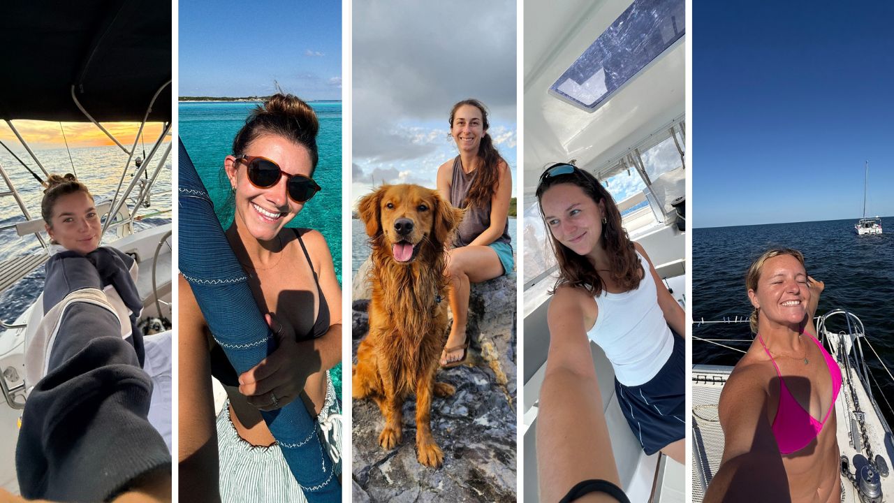 Five women taking a selfie together on a boat using the SeaPeople app