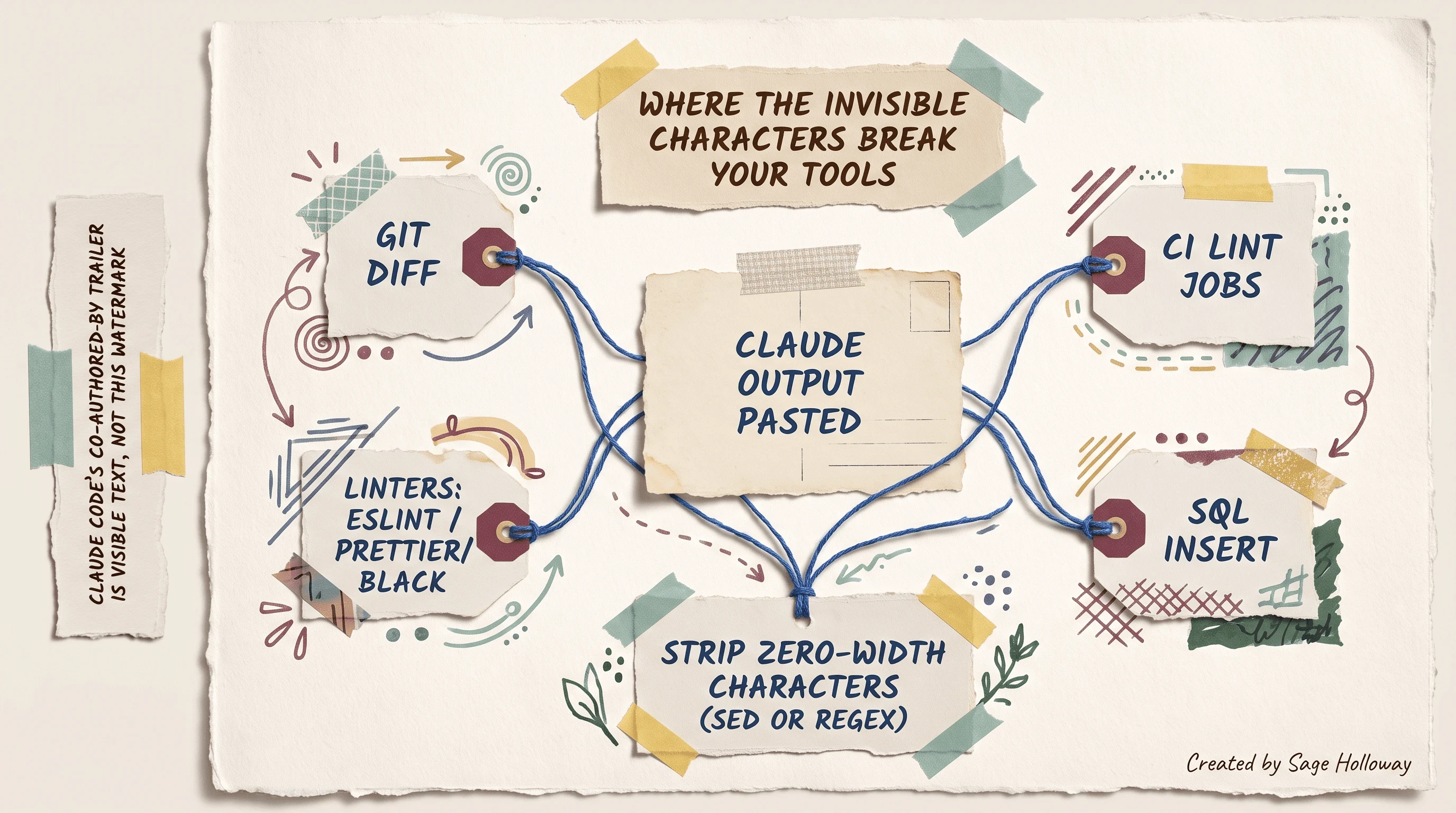 Diagram showing invisible zero-width characters breaking git diff, linters, CI lint jobs, and SQL inserts, converging on one strip-character fix