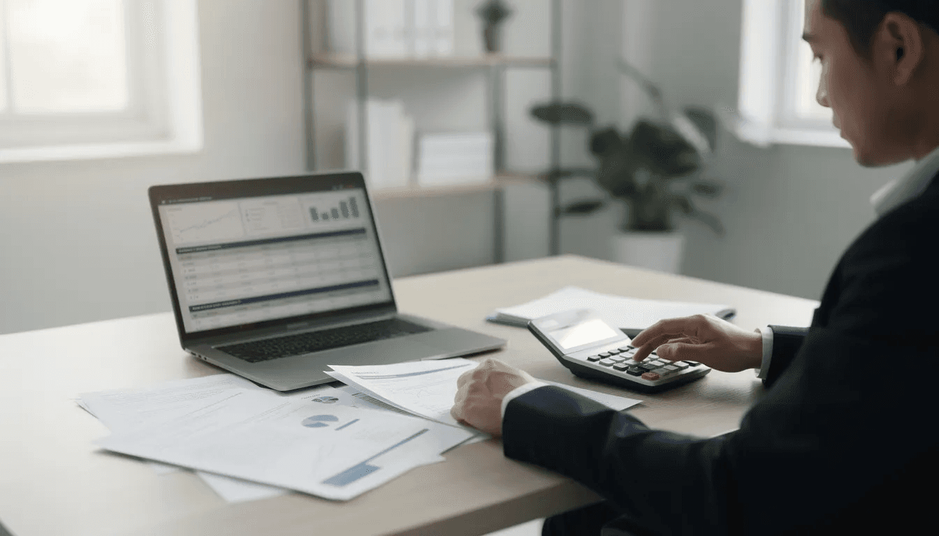A person is sitting at a desk, focused on reviewing financial documents while using a laptop and a calculator, likely assessing their diversified portfolio and investment strategy. The scene suggests a careful examination of various investment vehicles, including mutual funds and stocks, to achieve their financial goals.