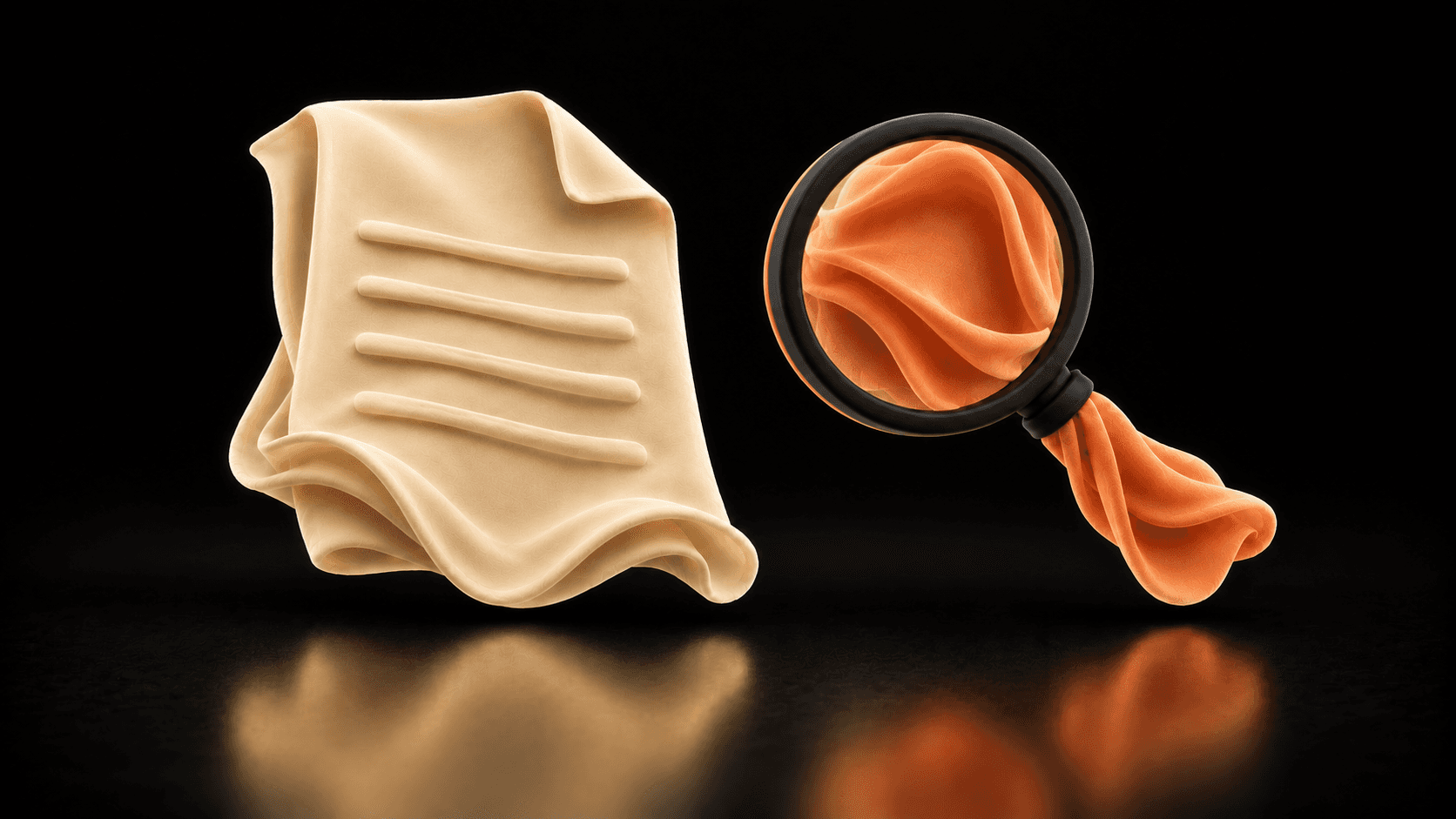 A cream cloth document and separate magnifying glass represent reviewing the brief.