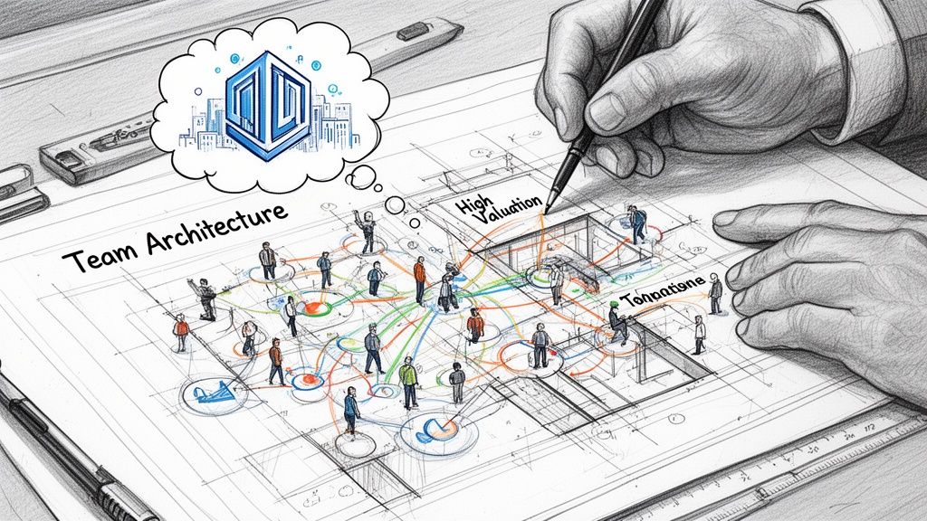 A hand sketching a complex organizational structure and team architecture on blueprints with vibrant connecting lines.