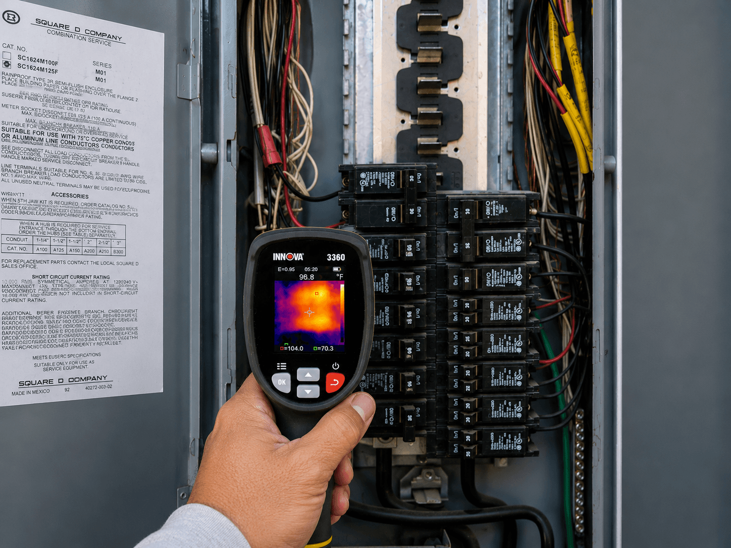 Electrician using digital multimeter to test electrical control panel during safety inspection