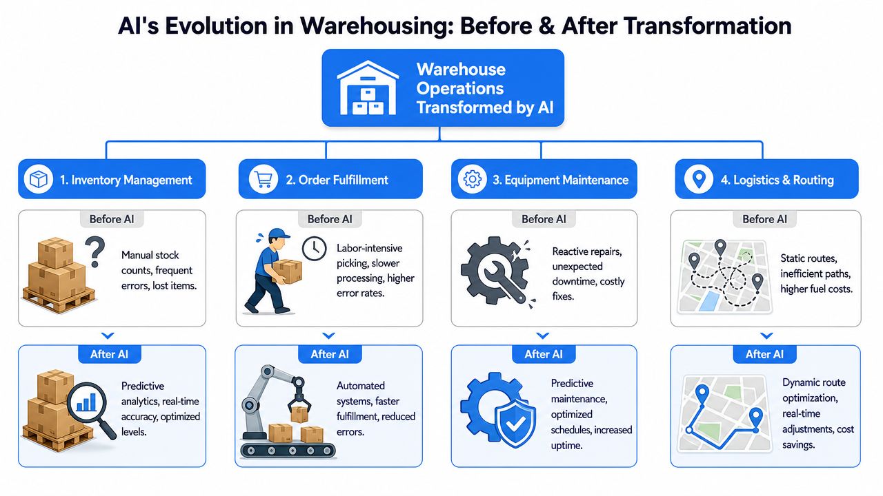 A flowchart showing how AI transforms warehouse inventory management, order fulfillment, equipment maintenance, and logistics.