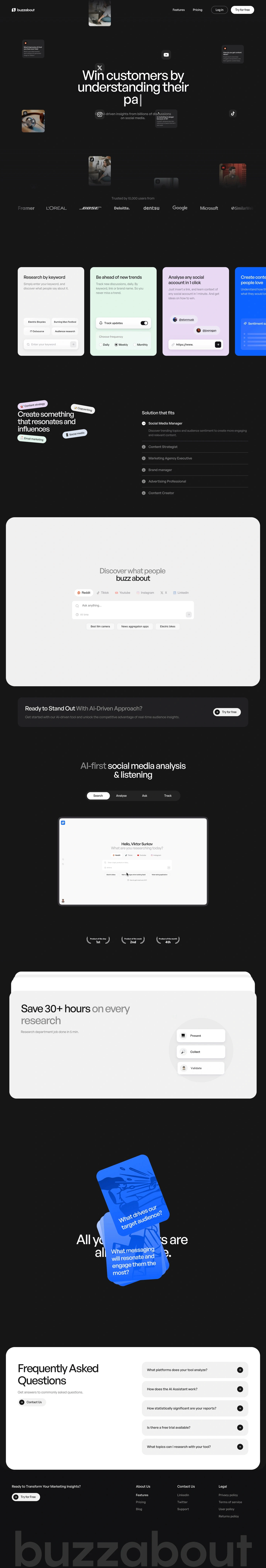 buzzabout landing page screenshot showcasing AI and Tech design